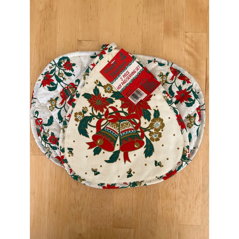 Vintage Christmas Hot Pad Serving Set 2 Piece Poinsettia Bells Holiday New